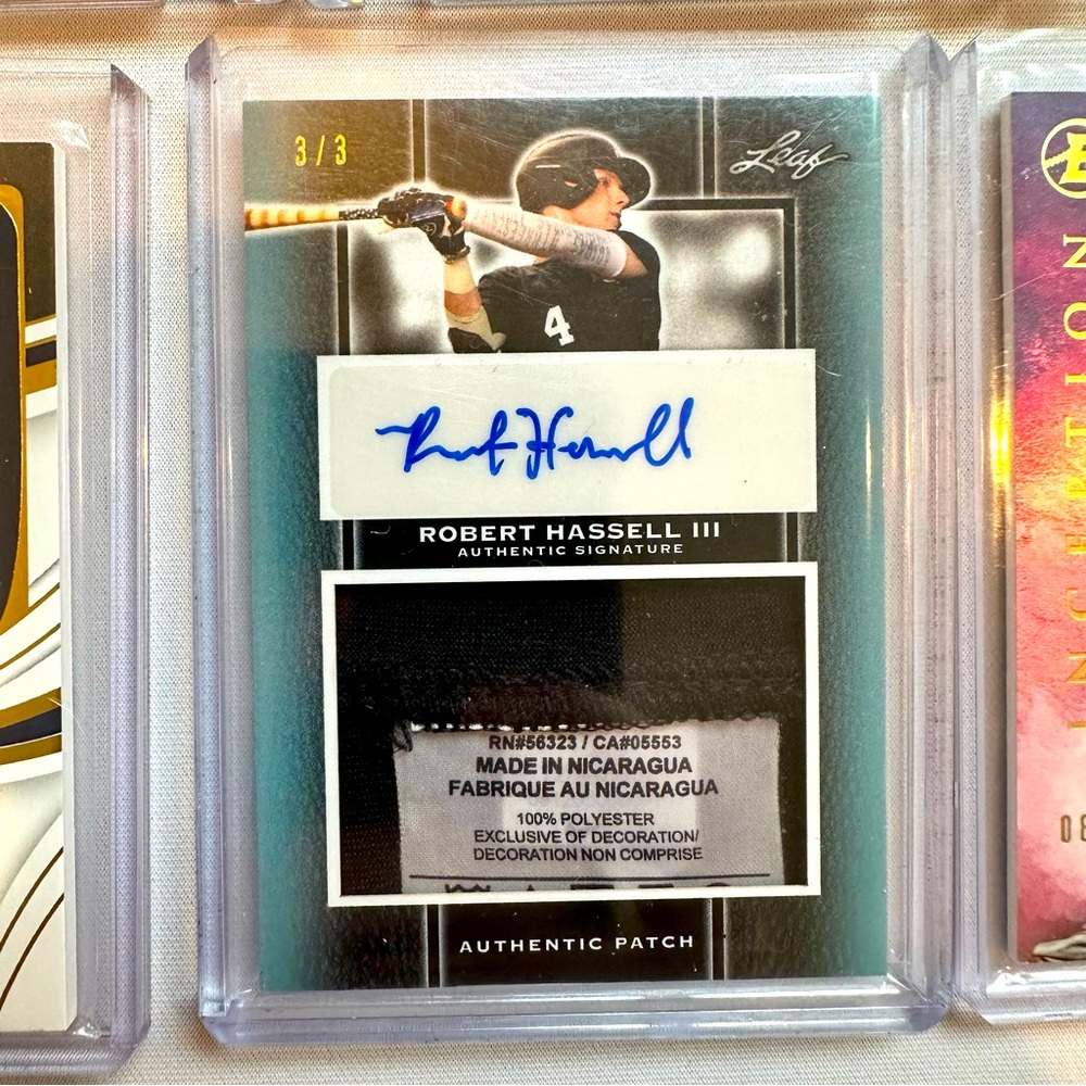 2021 Leaf Perfect Game - Robert Hassell - Laundry Tag Patch Auto 3/3 MLB Rookie